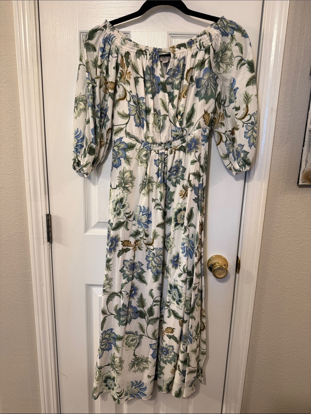 LOFT Cream Floral Off-Shoulder Maxi Dress with Blue & Green Blooms